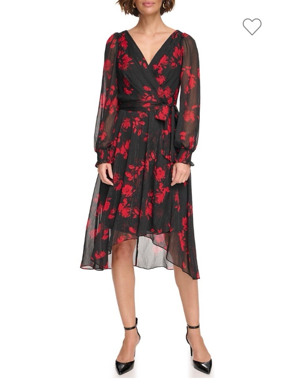 DKNY Black & Scarlet Floral chiffon Wrap Fit & Flare hi low Dress with Tie Waist